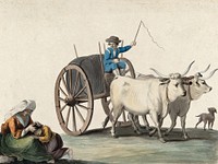 A man driving a cart pulled by two oxen; in the left foreground a woman picks fleas from a boy's head. Watercolour painting.