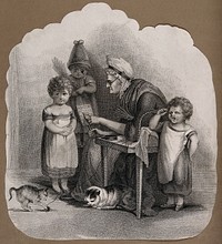 An old woman tries to teach three children the alphabet, one child is crying, another wears a dunce cap, meanwhile two cats play with a ball of wool. Stipple engraving.