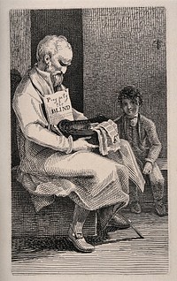 A sitting blind beggar sells 'love sonnets' to obtain money with a boy. Etching by J.T. Smith, 1816.