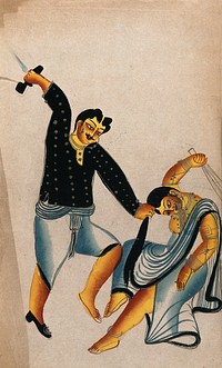 Domestic violence: a husband holding his wife by the hair about to strike her with a shoe, while she tries to defend herself with a broom. Watercolour drawing.