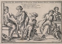 Arabian doctors perform bleeding on poor Italian people; money jets out with the blood; signifying learned Arabs fleecing the poor. Etching by G.M. Mitelli after himself, 1699.