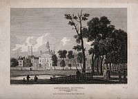 The Hospital of Bethlem [Bedlam] at Moorfields, London: seen from the north, children playing with a boat on a pond in the foreground. Engraving by R. Watkins, August 1811, after G. Arnald, June 1811.