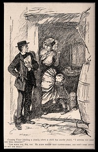 A country vicar visiting a family where a child has been suffering from scarlet fever. Wood engraving after C. Shepperson.