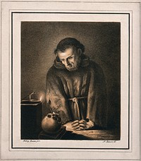 A monk contemplates a skull at candlelight. Lithograph by Nepomuk Johann Strixner after L. Carracci.