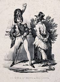 A man in soldier's uniform is walking past an old man in tattered clothing. Lithograph.