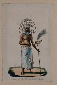 A priest with a protective cage  covering his head, holding a stick with smoke coming out of a pot attached at the top. Watercolour by an Indian artist.