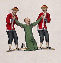 A Chinese interpreter kneeling with a stick behind his knees is being tortured by two men standing on the stick. Coloured stipple print by J. Dadley, 1801.