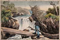 A Japanese man heavily laden with firewood crosses a wooden plank over a river, upstream a waterfall. Gouache painting.