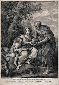 The Holy Family rest on the way to Egypt, eating from a miraculous tree. Engraving by J. Frey after C. Maratta.