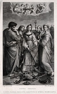 Saint Cecilia with Saint Paul the Apostle, Saint John the Evangelist, a bishop and Saint Mary Magdalene. Engraving by F. Rosaspina, 1830, after himself after Raphael.