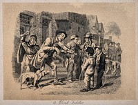 A blind fiddler plays to a mixed age audience, among them a dog which is about to be beaten for howling. Etching by W. Geikie.