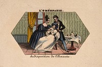 A young woman being attended by a (homoeopathic) physician. Coloured photolithograph.