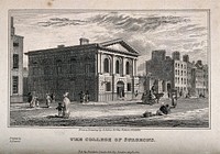 The street outside the College of Surgeons, Dublin, Ireland. Steel engraving, 1821, after G. Petrie.