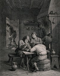 Five Flemish men smoke, drink and sleep in a dingy smoke den. Engraving by D. Sornique, early 18th century, after D. Teniers, the younger.