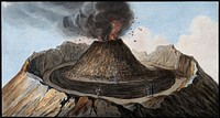 Mount Vesuvius: interior of the crater showing the little mountain inside it, with spectators. Coloured etching by Pietro Fabris, 1776.
