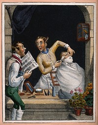 A barber shaving a man while another man distracts him by reading from a newspaper entitled "The true sun". Coloured lithograph.