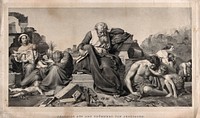 Jeremiah sits amidst the rubble of Jerusalem, after its siege and destruction in 586 B.C. Lithograph by B. Weiss after E.J.F. Bendemann.