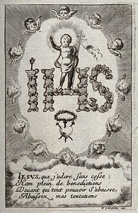 The triumphant Christ Child standing on the Jesuit monogram, above instruments of the Passion; surrounded by Cherubim. Engraving.