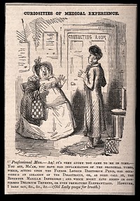 A doctor tells an obese lady all the possible horrendous diseases she might have. Wood engraving after J. Leech.