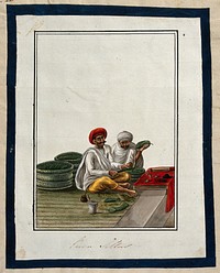 Two men selling pan (betel leaves). Gouache painting by an Indian artist.