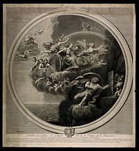 Juno in a chariot drawn by two peacocks flying through the sky surrounded by nymphs and cherubs, Jupiter on the ground trying to lock up a group of putti: symbolising the element air. Engraving by E. Baudet, 1695, after F. Albani.