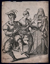 A masquerade: two men in masks pretend to play musical instruments for a young woman who is wearing a veil. Engraving after Jacques de Gheyn II.