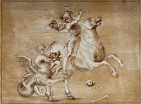 Saint George on horseback about to kill the dragon with his sword. Colour etching by S. Mulinari after Raphael, ca. 1780.