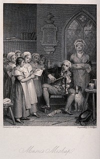 A man is playing a violin to a accompany a group of girls singing. Engraving by J. Goodyear after J.M. Wright.