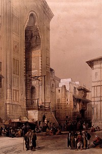 Street market with the mosque of Sultan Hassan, Cairo, Egypt. Coloured lithograph by Louis Haghe after David Roberts, 1849.