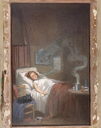 A ghostly skeleton trying to strangle a sick child; representing diphtheria. Watercolour by R. Cooper.