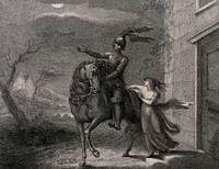 A knight bids farewell to a young lady. Engraving by Harding after Lady Diana Beauclerk, 1796.