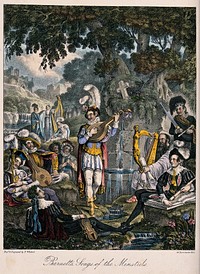 A man stands by a fountain playing music for his companions, who are also holding musical instruments. Coloured aquatint  by N. Whittock.