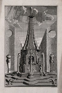 An ornate garden obelisk with water cascading down its sides. Etching by J. Goeree after S. Schynvoet, early 18th century.