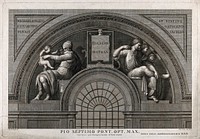 Eleazar and Matthan in a half roundel. Engraving by A. Cunego after A. de Angelis after Michelangelo.