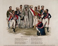European royals and martial heroes marvel at the sight of the defeated Napoleon Bonaparte standing in a glass bottle in their midst. Coloured etching.