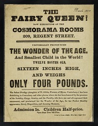 The Fairy Queen : now exhibiting at the Cosmorama Rooms, 209, Regent Street : universally pronounced the wonder of the age, and smallest child in the world! Twelve months old, sixteen inches high and weighs only four pounds.