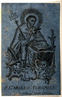 Saint Carlo Borromeo in prayer. Engraving.