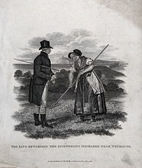 King George III giving money from his purse to a woman who is raking hay near Weymouth, Dorset. Engraving by R. Pollard, 1820.