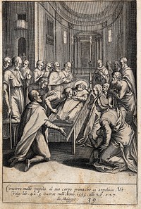 Saint Philip Neri with other figures. Engraving by L. Ciamberlano.