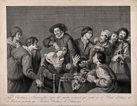 A troupe of travelling performers including a toothdrawer. Line engraving by M. Salvador Carmona, 1805, after T. Rombouts.