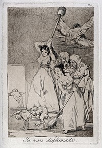 Two young women chasing and sweeping bird figures with mens' heads out of a door, encouraged by two old men in religious habits. Etching by F. Goya, 1796/98.