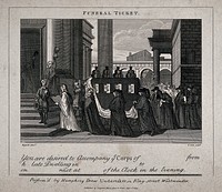 A funeral procession entering a church. Etching by T. Cook after W. Hogarth.