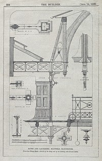 Details of the roof, gallery and private baths of Mayfield baths and laundries, Manchester. Wood engraving, 1858.