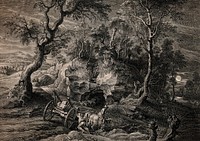 A man riding on a horse which is pulling a wagon loaded with masonry, while another man attempts to keep the wagon steady. Engraving by S. à Bolswert after Sir Peter Paul Rubens.