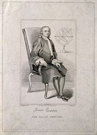 Sir Isaac Newton. Line engraving by J. Romney, 1817, after G. M. Brighty after J. Vanderbank, 1720.