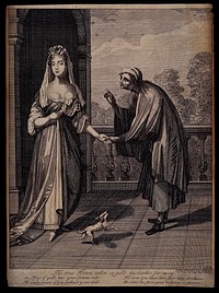 An old fortune-teller is looking at a young woman's palm. Engraving, 1670/1700.