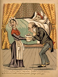 A physician examines a patient's stools; he is very pleased; the sarcastic maid asks him if he would like a fork. Coloured lithograph by G. Frison, c. 1890.
