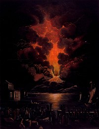 Eruption of the Vesuvius at night; people watching the eruption in the foreground. Aquatint by F. Weber after A. d'Anna, ca. 1820.