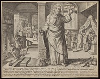The medical practitioner appearing as Christ when he arrives to treat sick people. Engraving by Johann Gelle after E. van Panderen.