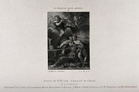 Saint Francis of Assisi held by two angels; angel playing the violin on a cloud. Etching by C. Heath after W.M. Craig after L. Carracci, 1 December 1815.